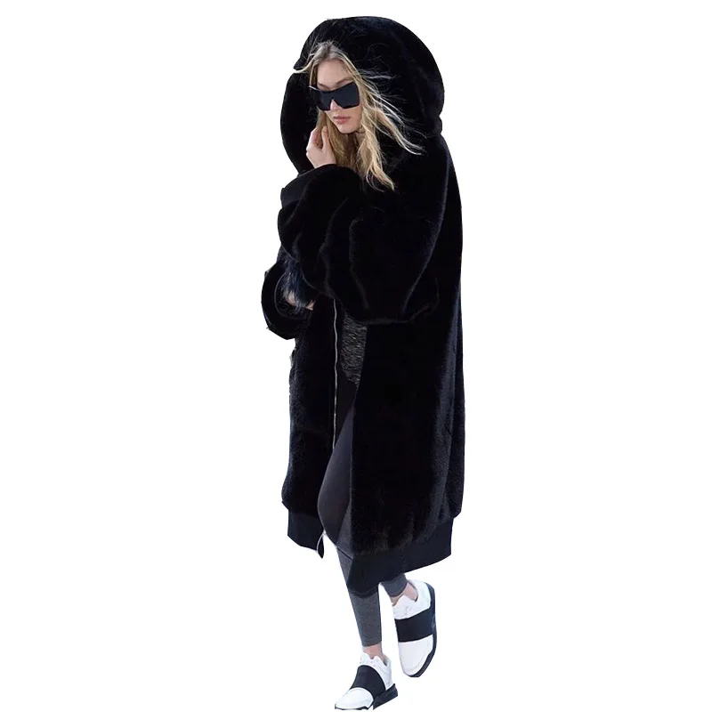 

Winter Fur Warm hooded Large size Medium length Solid color Fur Women New Casual Long sleeve Women Fur coat JJ1136