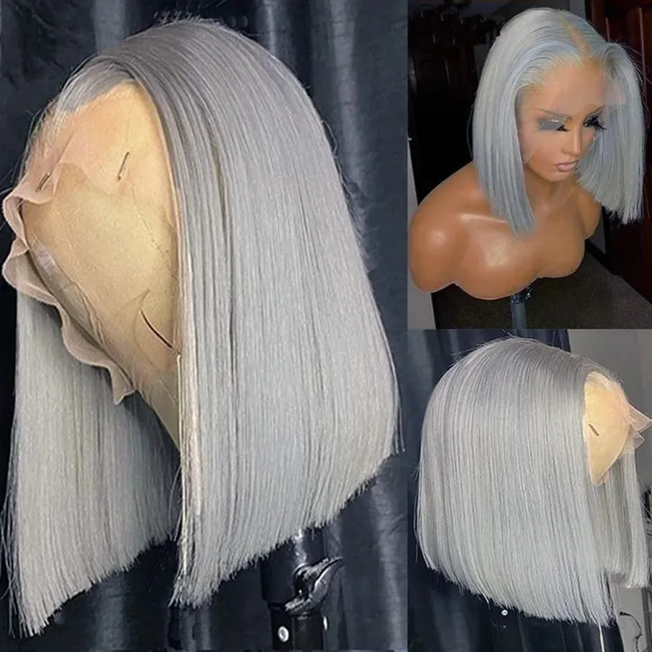 Grey Bob Wigs Synthetic 13x4 Lace Front Wig Glueless Brazilian Straight for Women Pre Plucked Natural Hairline 180 Density