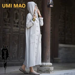 UMI MAO Cotton Hemp Women's Autumn Winter New Zen Retro Hooded Black Chinese Style Cloak Robe Outer Coat Femme