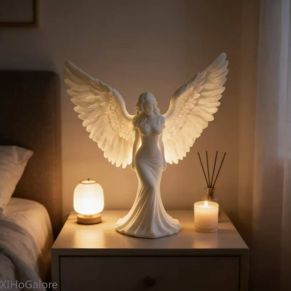 3D Relief Luxury Angel Goddess Figurine,Pure White WingsDesktop Ornament,Decorations,Centerpieces,Party Supplies,Peace Blessings