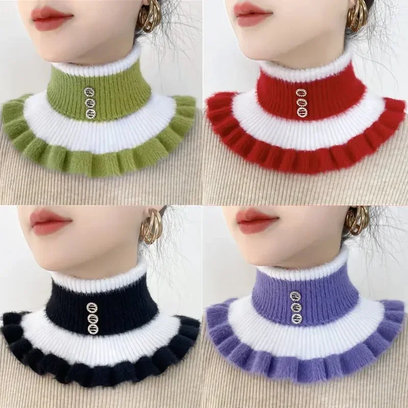 

Women's Fake Collar Protects Cervical Spine Winter Warm Scarf Cycling Thick Elastic Neck Sleeve Faux Fur Velvet Rhinestone Bib