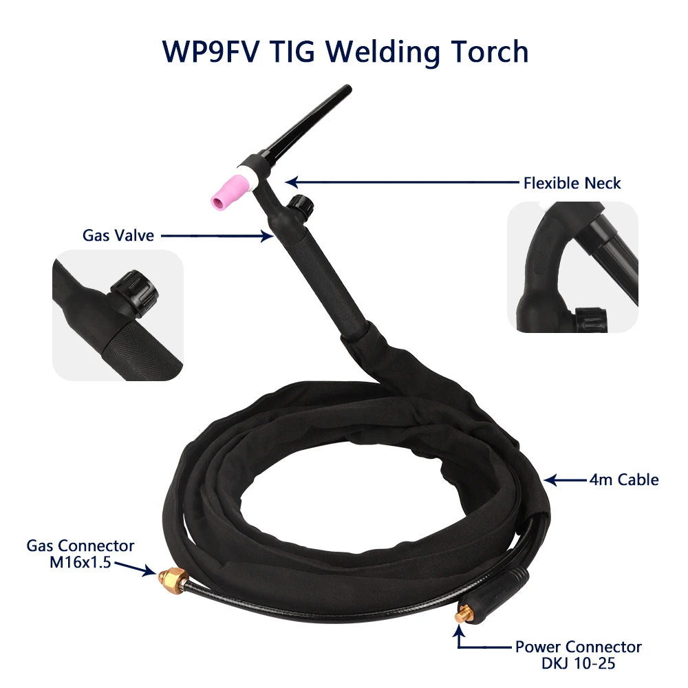 

WP9FV TIG Welding Torch 4m 13ft Arc Tungsten Tip Nozzle Argon Air Cooled Flexible Neck Gas Connector M16x1.5 DKJ10-25 Valve