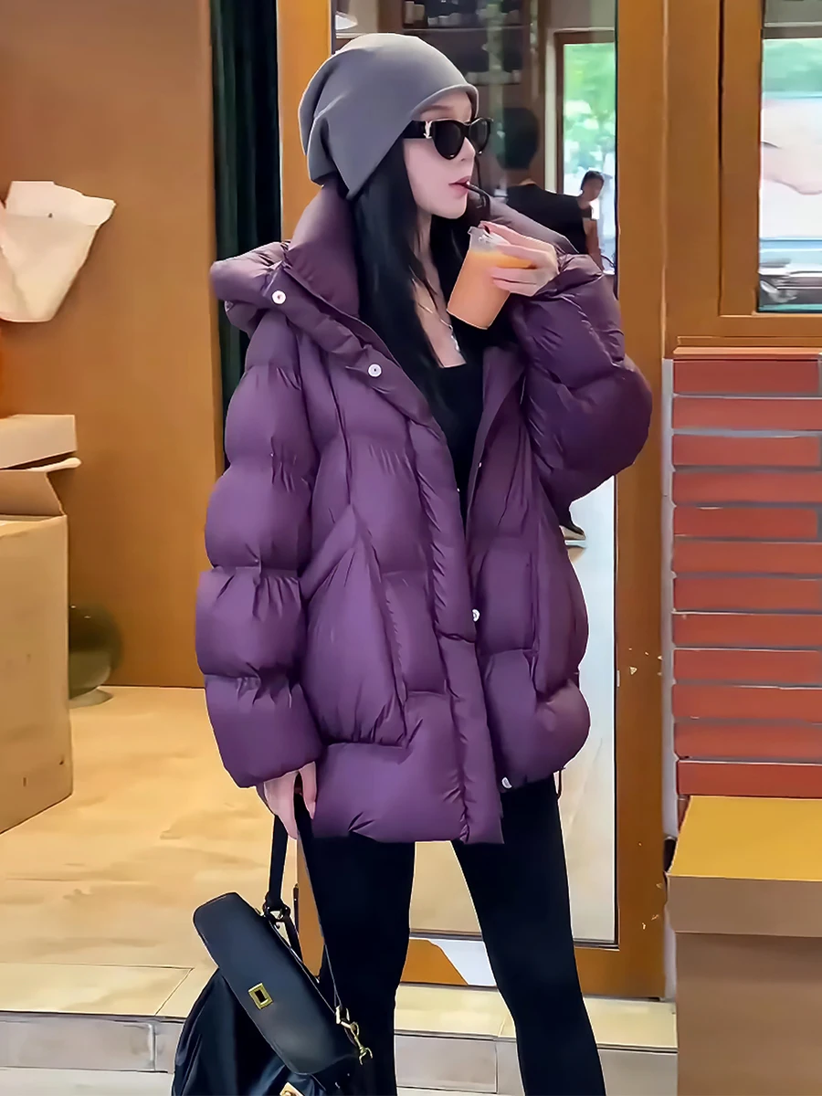 Chaqueta de Plumón para Mujer, Color Blanco, con Capucha, Abrigo de Invierno Cálido, Estilo Dulce y Elegante, Largo Regular, Sin Marca