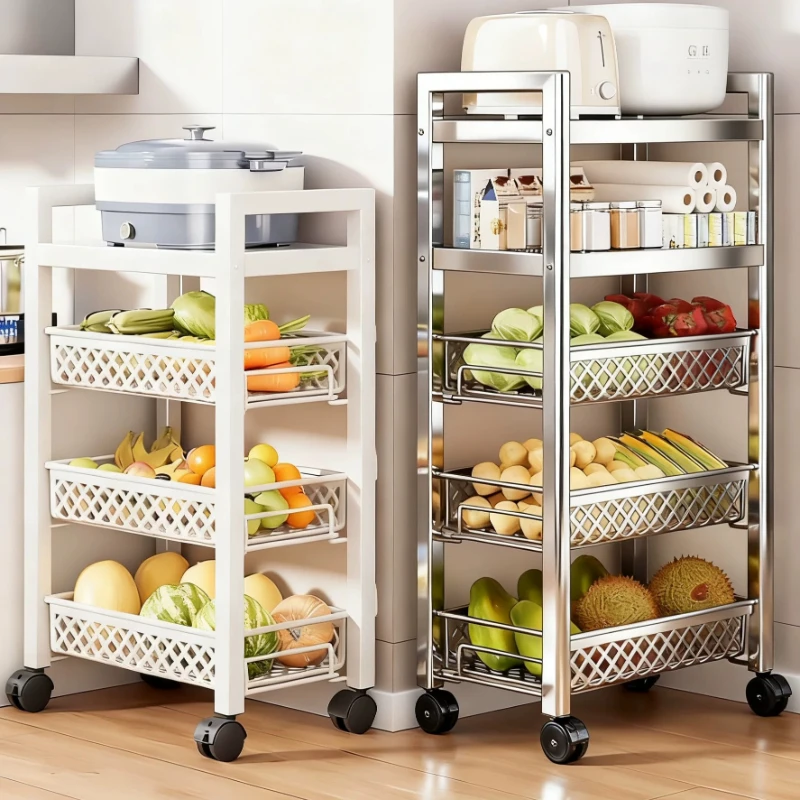 Heavy Duty Stainless Storage Cart,Multi Tier Vegetable Basket Rack, Height Adjustable Kitchen Shelf, Breathable Mesh Pot Trolley