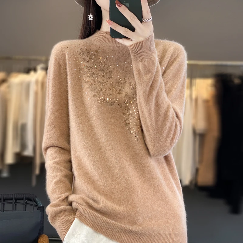 Seamless Cashmere Sweater Autumn Winter New Women\'s Clothing 100% Merino Wool Knitted Pullover Fashionable Printed Tops Warm