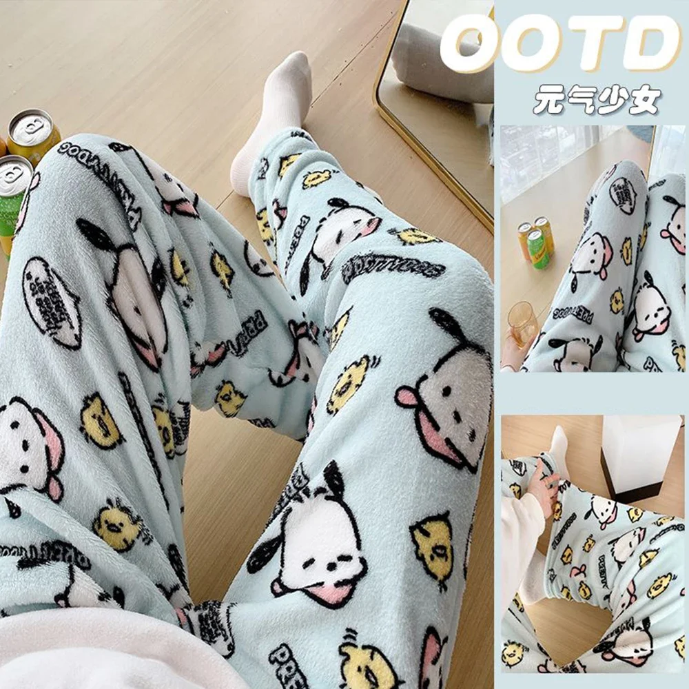 Kawaii Pochacco Frauen Plüsch Pyjama Hosen Sanrioed Anime Hallo Kitty Hosen Winter Plus Samt Warme Hosen Freizeit Home Fashion