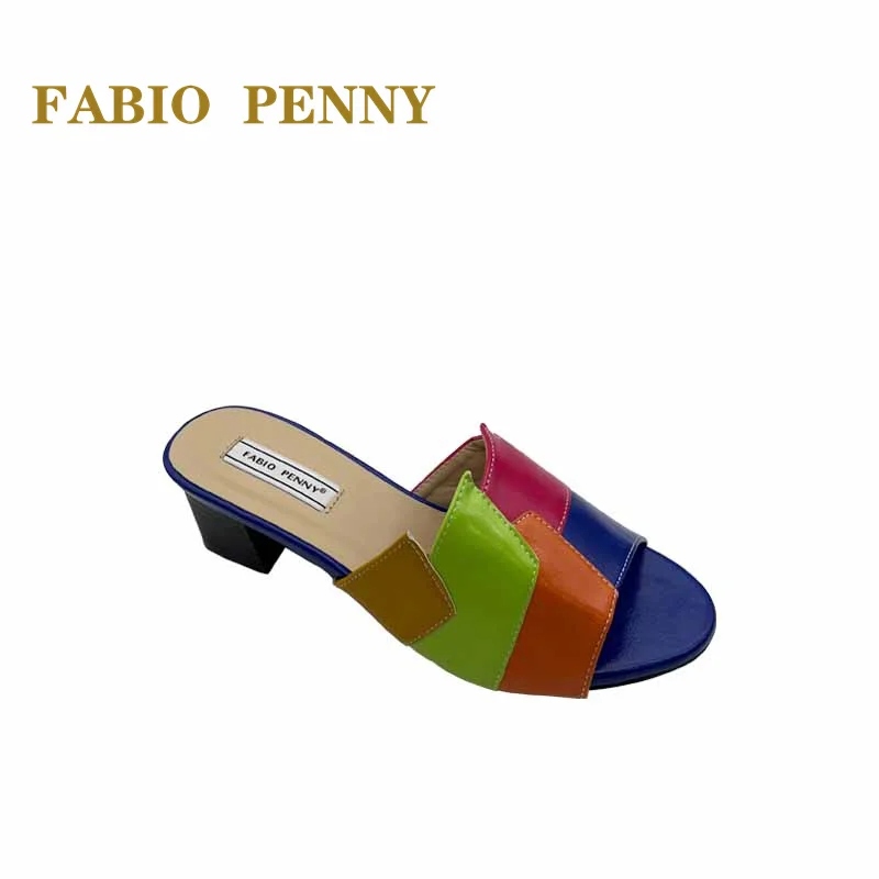 FABIO PENNY African Mom\'s nowe letnie, wielokolorowe, patchworkowe kapcie damskie na średnim obcasie