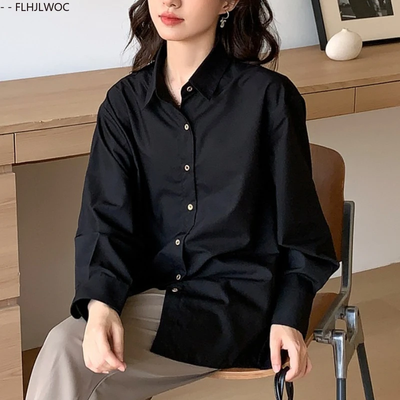 韓国スタイルカジュアルボタンダウンシャツオフィスレディ女性仕事シングルブレストベーシックソリッドエレガントなフレンチデザインブラックシャツ