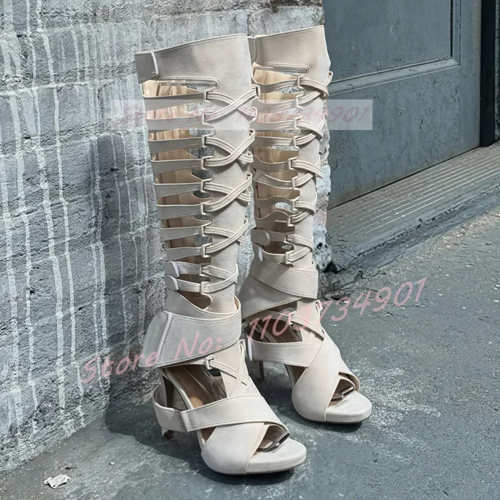 Gladiator Knee High Sandals Female Open Toe Buckle Hollow Cross Strap Flock High Heels Shoes Women Sexy Party Zip Thin Sandals
