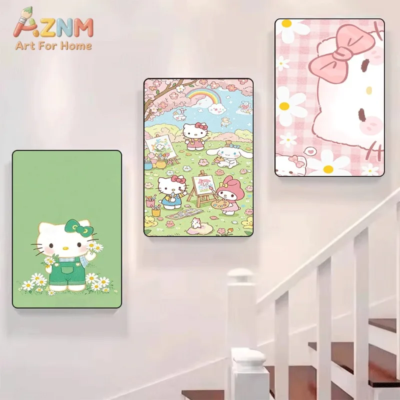 Sanrio Hello Kitty Canvas Wall Art Unframed Print Garden Painting Daisy Cute Cartoon Poster for Bedroom Dorm Home Interior Wall