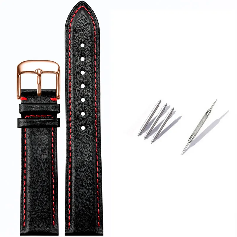 

Black Red Line watch band Genuine Leather No texture 18 19 20mm High QualityWatch Band Strap rosegold Pin buckle Tool for seiko