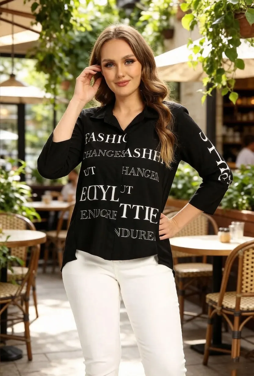 Women Oversized Letter Print Blouse Black Lapel Long Sleeve Button Down Shirt Loose Casual Elegant Top view 3