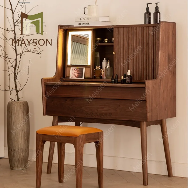 North American black walnut dresser all solid wood makeup table small apartment bedroom roller shutter makeup mirror