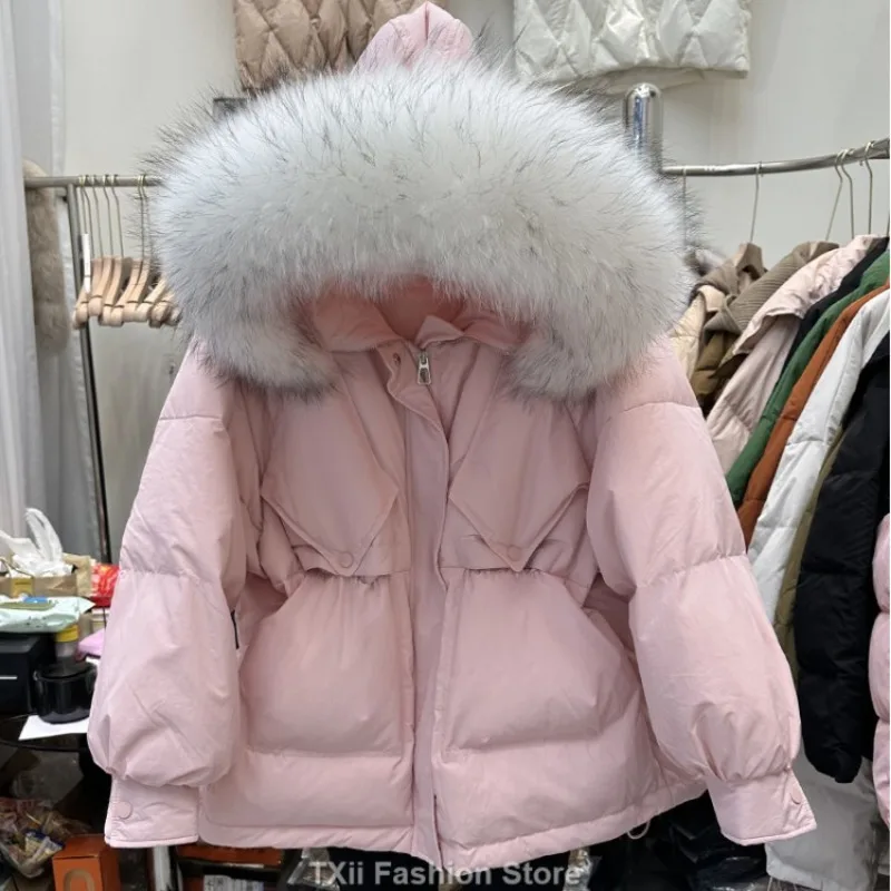 Winter Large Natural Fur Hooded Tooling Parka Women 90 White Duck Down Thick Jacket High Waist Loose Windbreak Warm Coat 2023