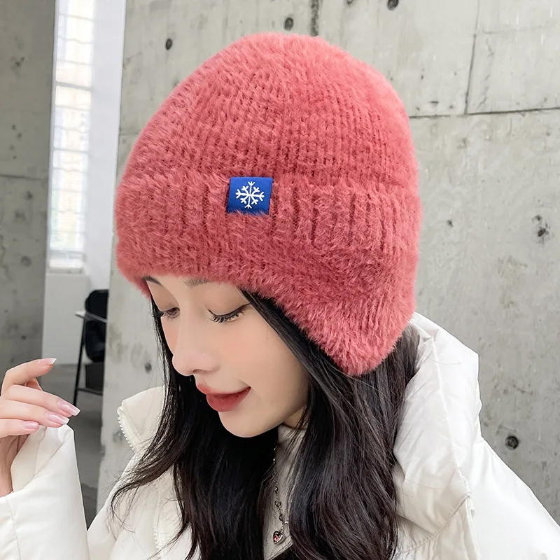 New Women Candy Colors Earflap Winter Hat Fashion Faux Fur Knitted Hat Kpop Style Soft Beanie Hats Female Streetwear Cap