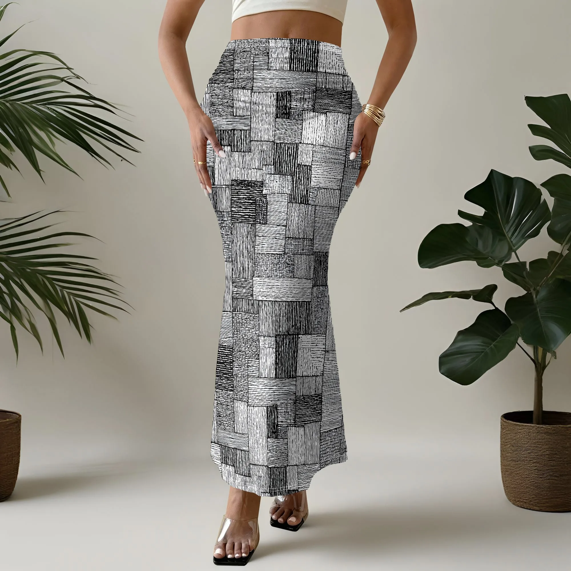 Geometric Print Mermaid Skirt, High Waist Bodycon, Pencil Maxi Skirt, Party Evening Wear, S-2XL