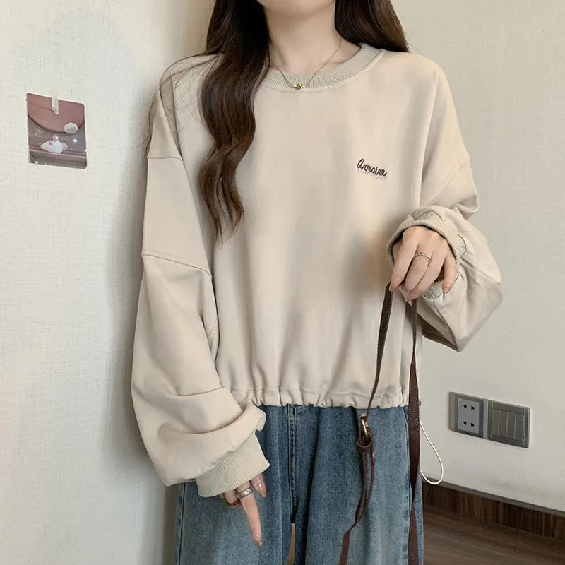 New Spring and Autumn Fashion Korean Edition Pull Cord Round Neck Large Loose Versatile Slim Thin Women\'s Long Sleeve Sweater