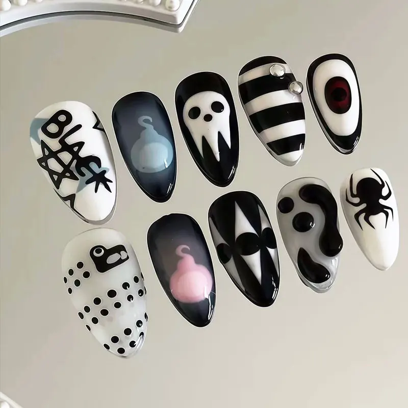 10 Stück 3D Geister-Kürbis Katzenaugen-Kunstnägel mit rauer Textur, Halloween-Nägel, europäische & amerikanische Nagelaufkleber, künstliche Nägel – Detail 16