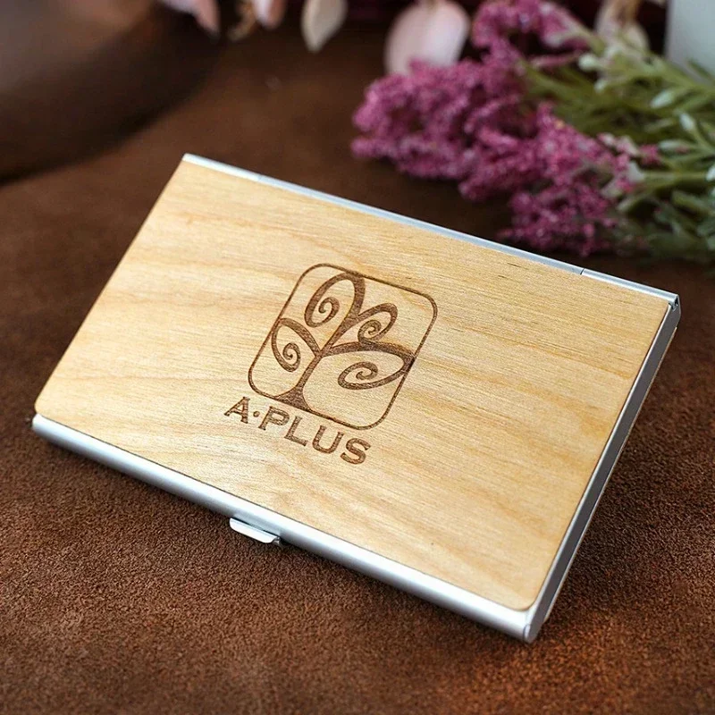 Laser Engraving Logo Wooden Metall Business Card Box Customized Wood Stainless Steel Clip Personalized Cardcase Activities Gifts