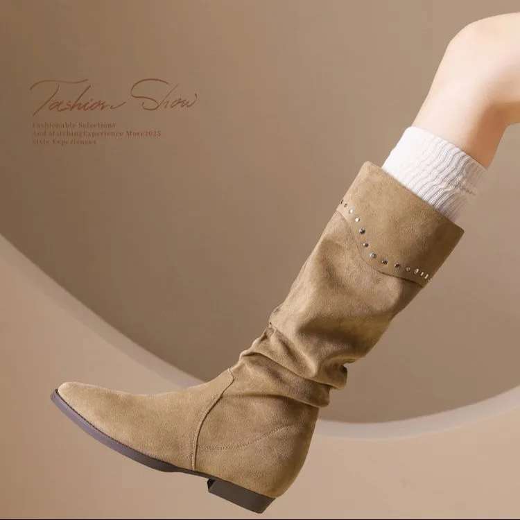 Retro Stack 2026 Women's Fashion New Pleated Knee-High Boots Pointed Western Style Rider Boots