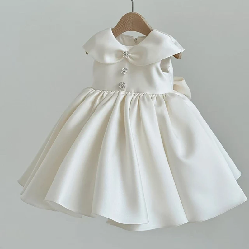 Children White Satin Korean DressesPrincess Gown Catch Costume Baby Girl First Birthday Dress Party Fashion Simple Kids Tutu