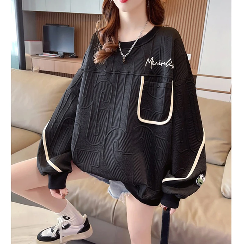 Streetwear casual de grandes dimensões feminino, moletons femininos, tops com gola O, pulôver de manga comprida, bordado kawaii engraçado, coreano,