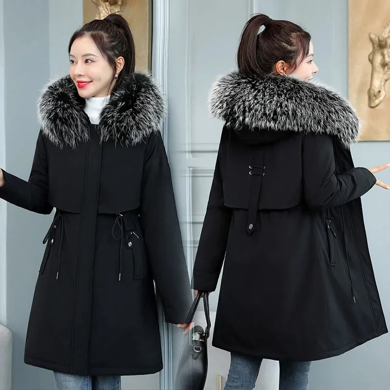 

Women Winter Jacket 8XL Slim Long Coat Casual Parkas 2026 New Big fur collar Wool Liner Hooded Outwear Cotton Warm Coats Female