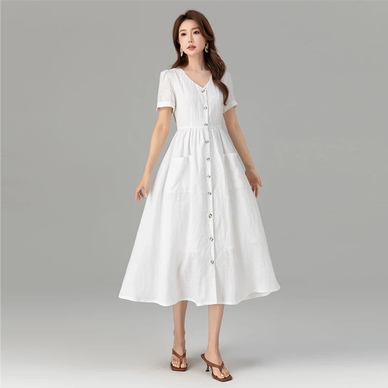 

White dress, Linen dress, modest midi linen dress,casual summer Linen dress for women, weddingguest dress