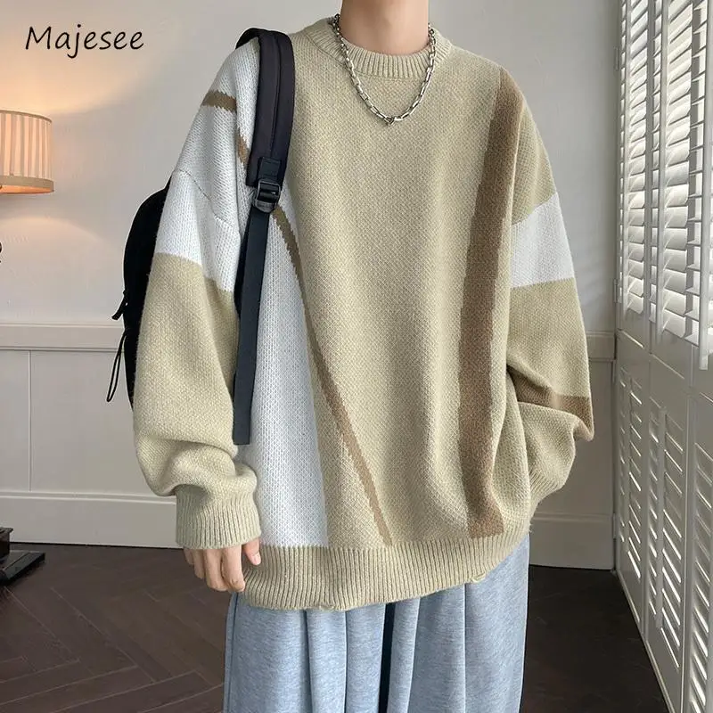 

Patchwork Sweaters Men Youthful Vitality Temperament Autumn Winter Panelled Round Neck Japanese Style College All-match Simple