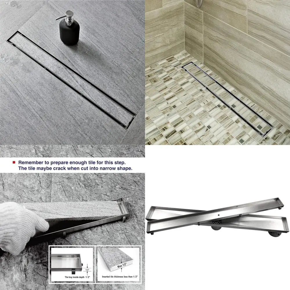 

24-Inch Linear Shower Drain with Tile Insert Grate, Brushed Stainless Steel Rectangle Floor Drain, Modern Linear Drainage System