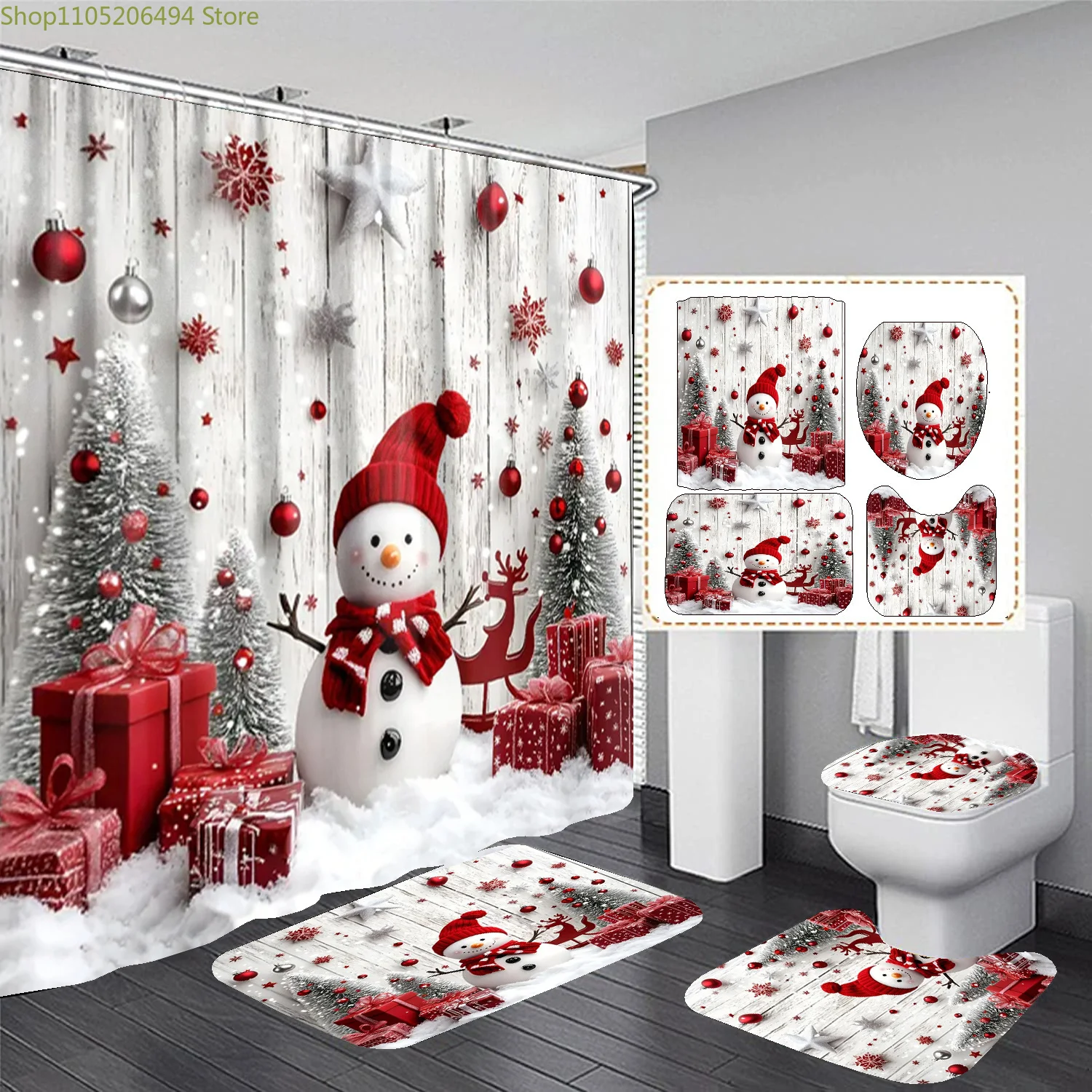 

1/3/4pcs Christmas Snowman Design Bathroom Set: Shower Curtain, Toilet Cover, Bath Mat, with 12 Plastic Hooks, 182.88cm x 182.