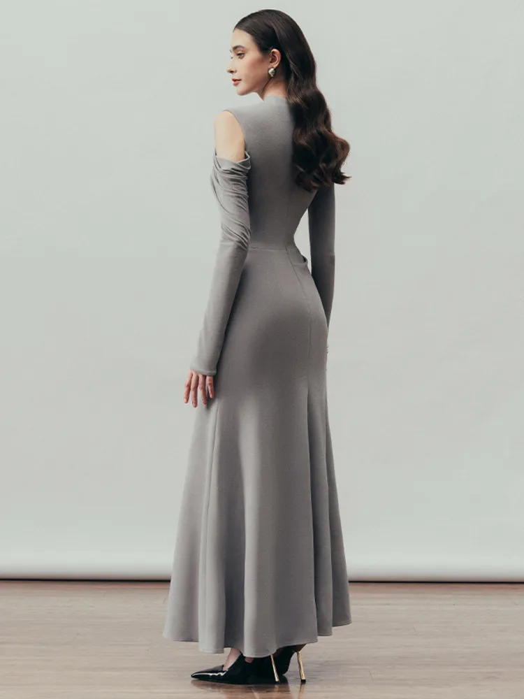 LISM moda mujer vestido de noche cuello redondo diseño calado plisado cintura alta elegante vestido de punto de fiesta 2024 otoño nuevo