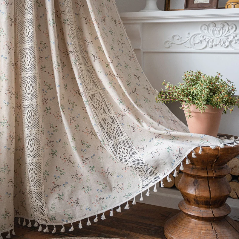 Boho Curtains Semi-Blackout Crochet Patchwork Floral Print Cotton Linen with Tassels Rod Pocket Window Drapes for Living Bedroom