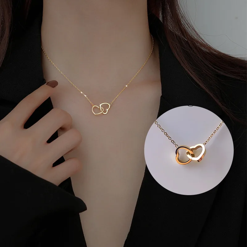

18k Gold Plated Minimalist Double Ring Heart Chain Necklace for Women Titanium Steel Anti-Tarnish Trendy Jewelry Accessory
