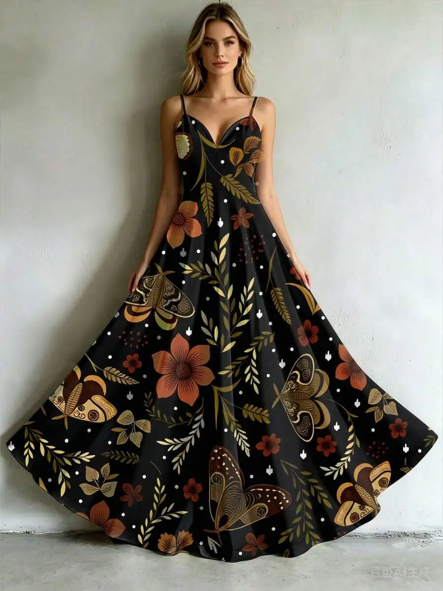 

Floral Butterfly Print Summer Slip Dress Umbrella Shape Women Casual Maxi Dress
