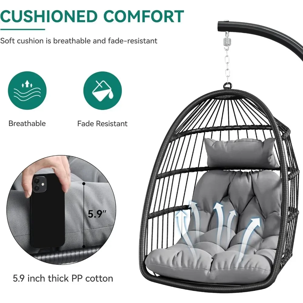 Hanging Egg Swing Chair with Stand Wicker Outdoor Hammock  Cushions 330lbs for Patio,Garden and Balcony,Dark Gray(Stand Included