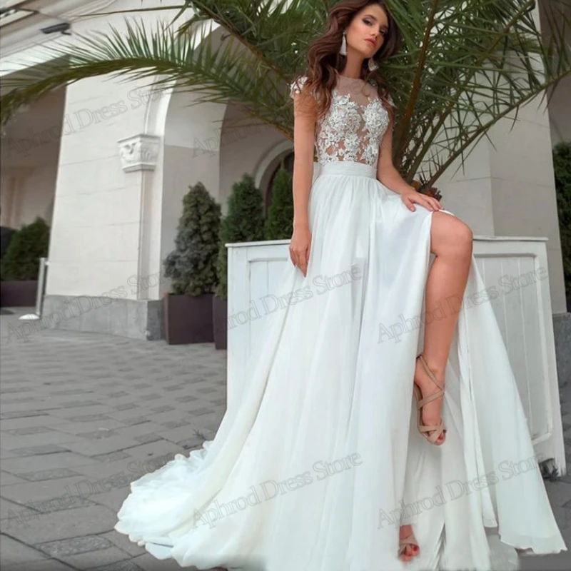 Classic Wedding Dresses A-Line Chiffon Bridal Gowns Lace Appliques Sexy High Split Robes For Formal Party 2024 Vestidos De Novia