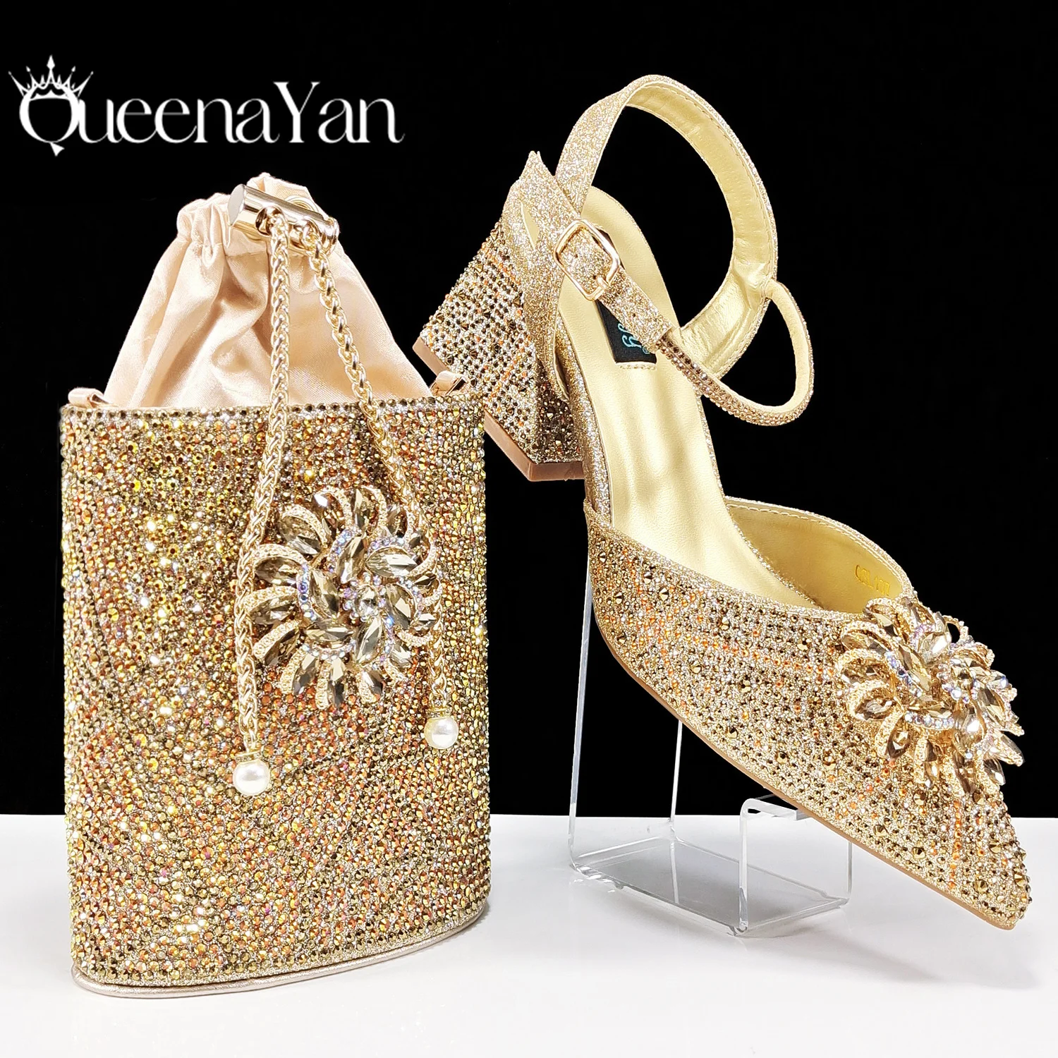 QueenaYan Evening Shoes and Bag Set Elegant Large Heel with Metal Double Chain Stand Bag Nigerian Ladies Party or Commuting Shoe