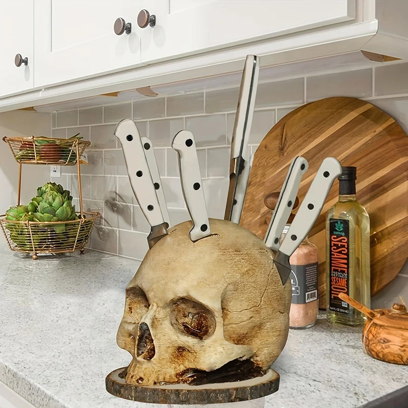 

Funny Skull Head Kitchen Decoration Knife Rack Resin Peeling Bread Japanese Knife Holder Skeleton Knives Stand Organizer