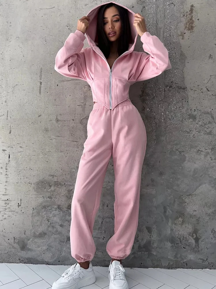 

FSMG Sexy Waist Tied Sports Sets Women's Solid Long Sleeve Zipper-up Hooded Slim Short Coat And High Waist Sweatpant 2 Piece Set