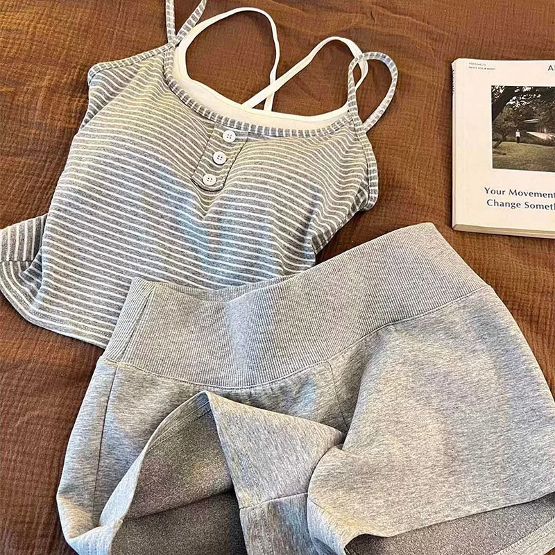 New Summer Women's Clothing Summer Cami Striped Top with Chest Pad Pajamas for Girls Slimming Summer Vest Homewear Set