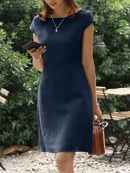 ZANZEA – robe d'été mi-longue à manches courtes pour femmes, couleur unie, col rond, fermeture éclair, mode, élégante, travail OL, Vintage, ample