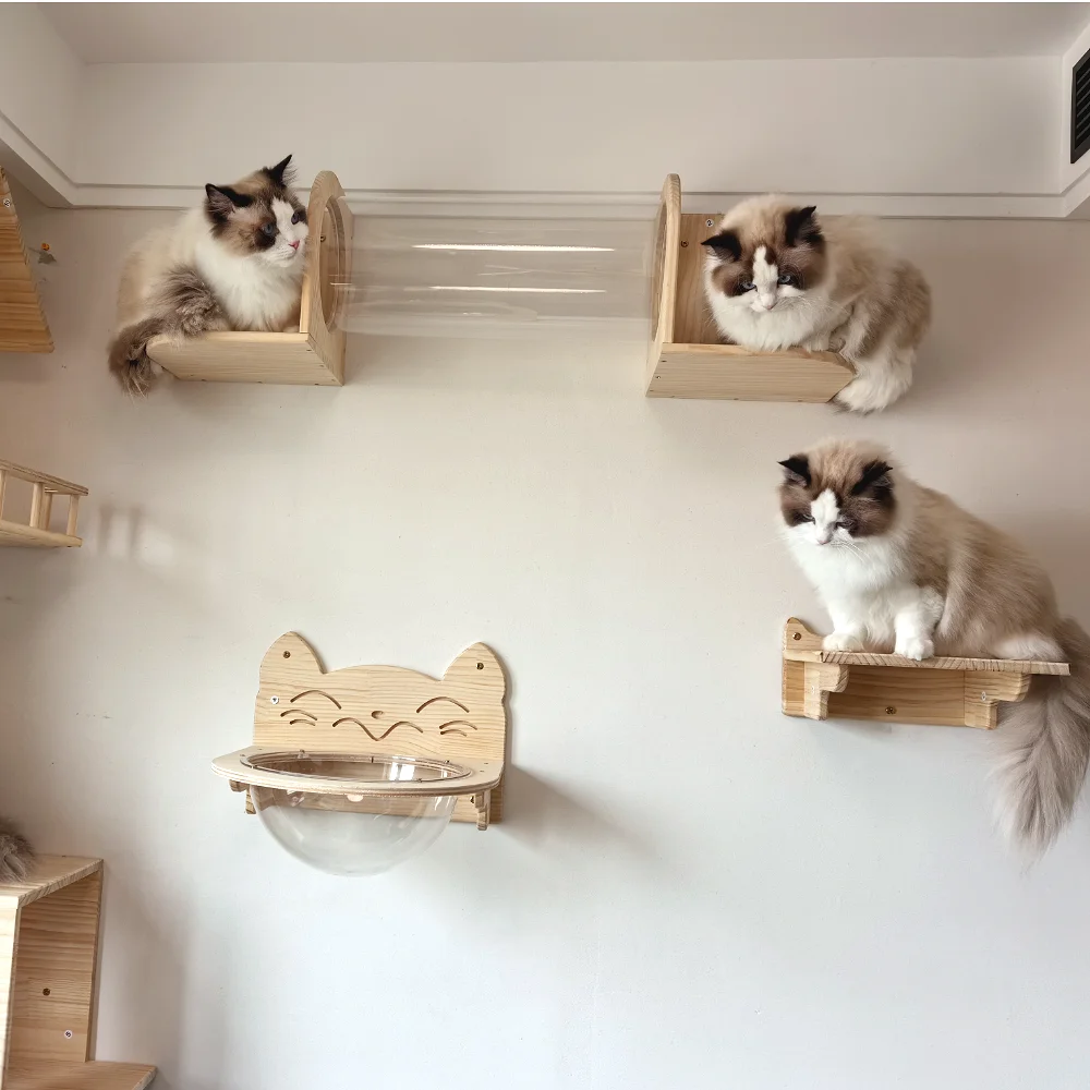 壁掛けキャットツリー無垢材猫クライミング棚サイザル麻階段スクラッチポストハンモック屋内猫ジムペット家具