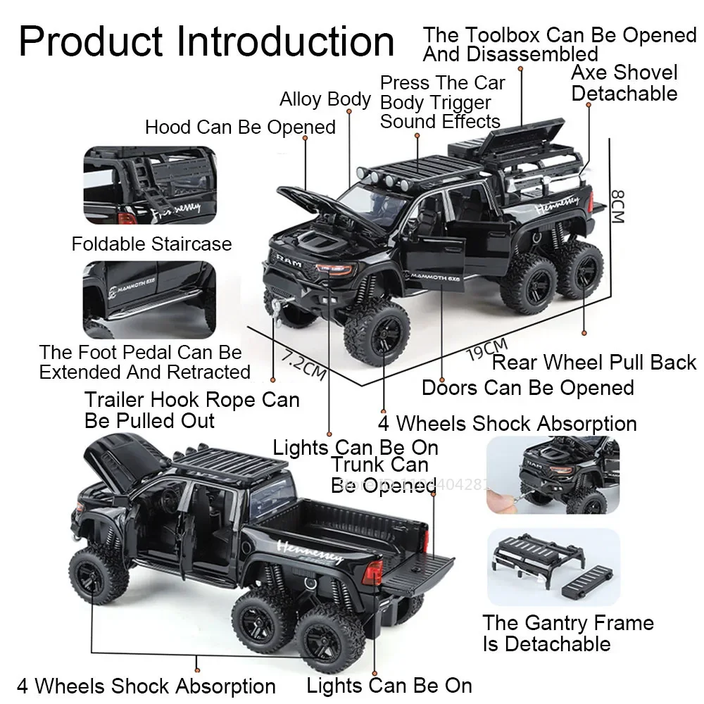 1:32 Legering Tyrannosaurus Rex 6X6 Hellcat SRT Model Speelgoed Diecast Autodeuren Geopend Geluid Licht Trek Terreinwagen Jongen Gift