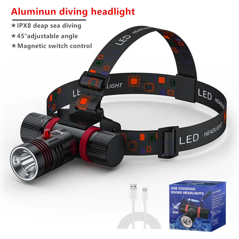 10w Portable Lantern IPX8 Waterproof headlight Type C charging built-in battery Light Underwater LED Scuba Diving Headlamp