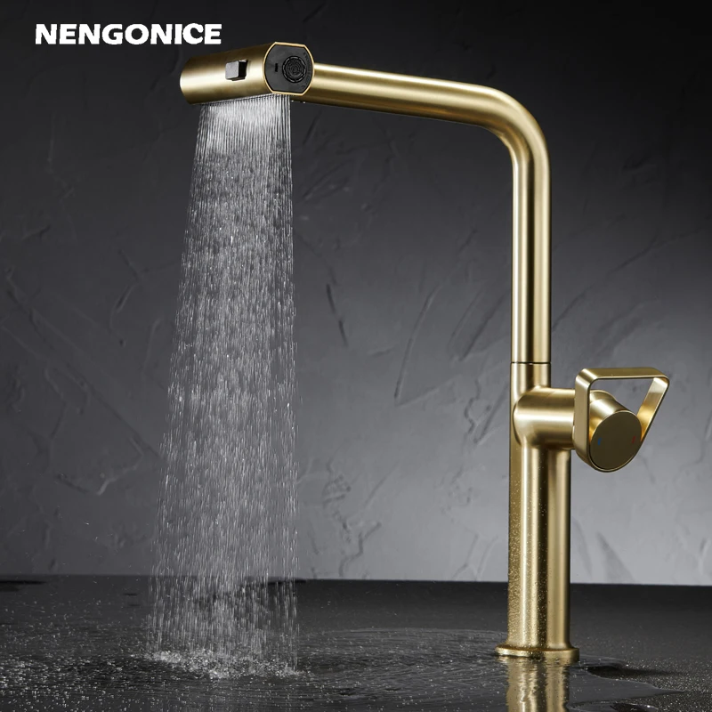 

Kitchen hot and cold faucet with brushed gold surface kitchen sink faucet pull-out faucet single hole raindance waterfall type