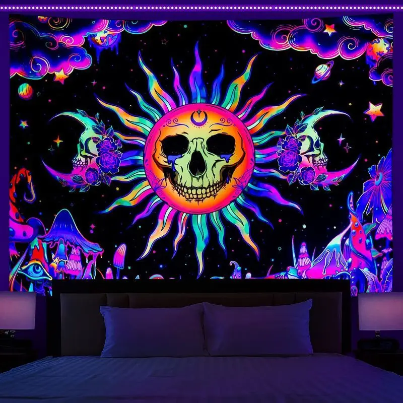 VIKAMA Neon Skull Sun Mushroom Wall Tapestry Black Background Colorful Glow Face Moon Fungi Planet Psychedelic Gothic Decor Soft