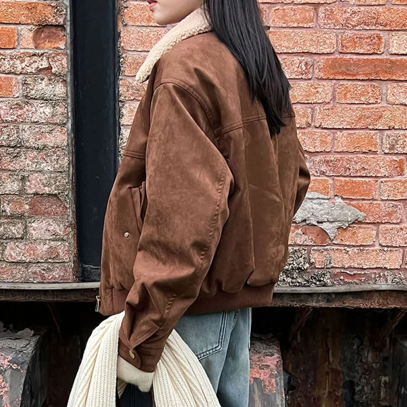 HKSH automne hiver nouvelle veste chaude pour femme Faux daim Patchwork laine d'agneau col rabattu fermeture éclair rétro Y2K épaissir manteau HK14045