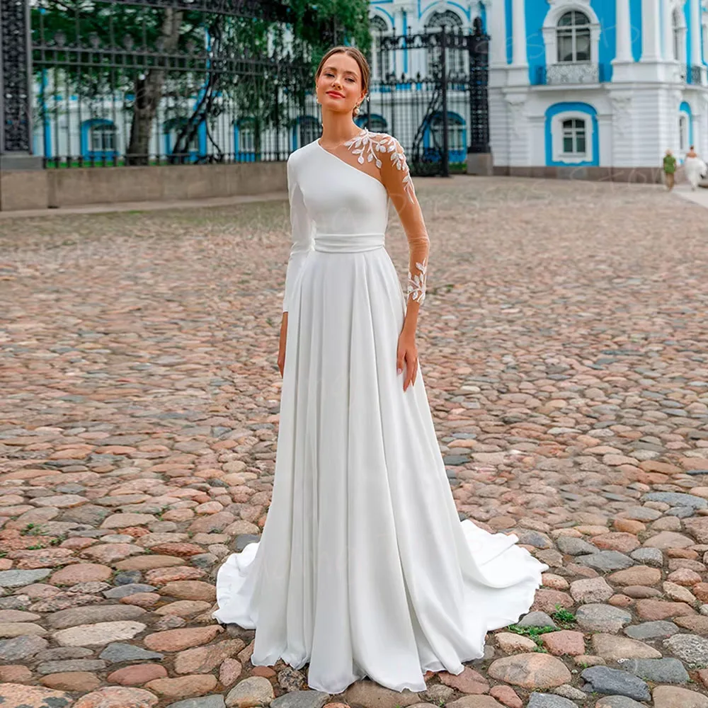 فساتين زفاف نسائية رائعة على شكل حرف A بأكمام طويلة ورقبة دائرية رداء De Mariée فساتين عروس مخصصة مزينة بفيستدو دي نوفيا