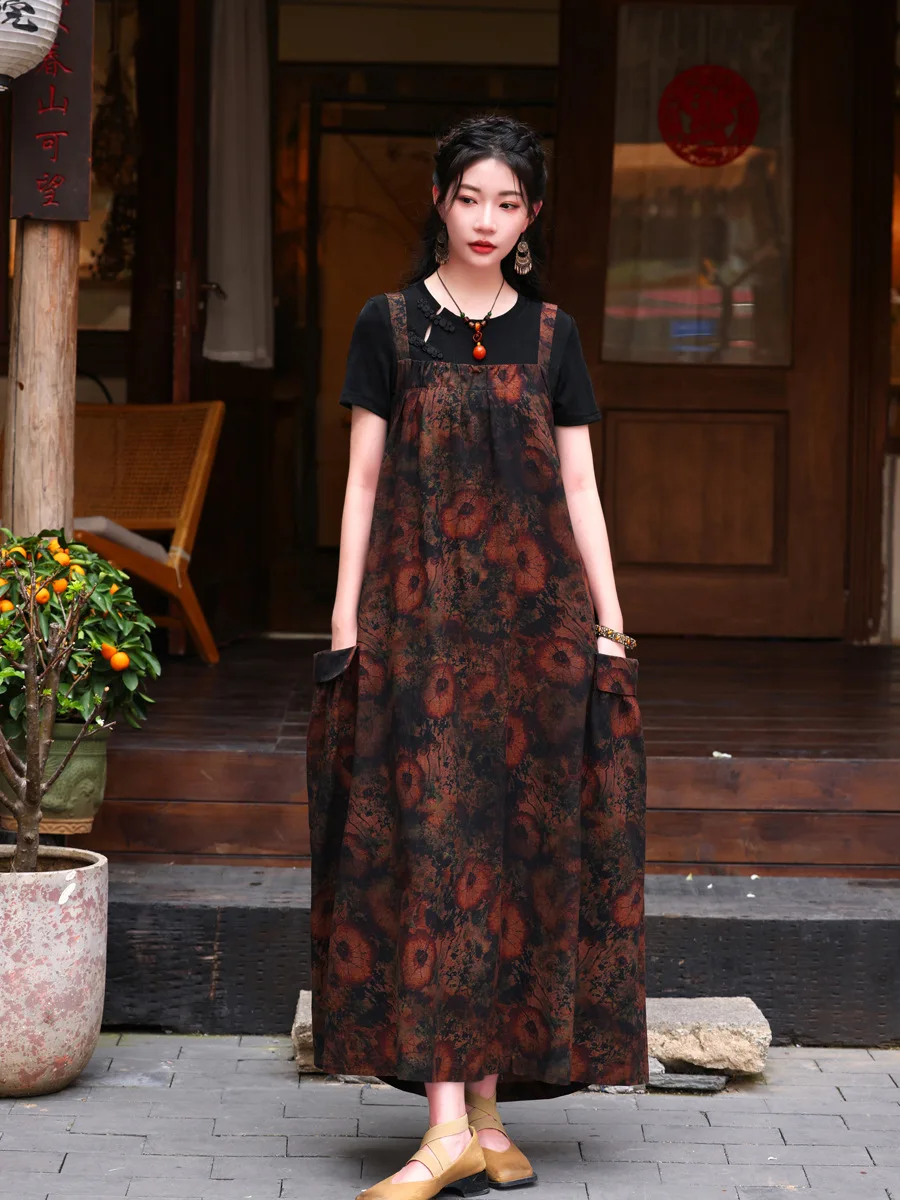 

TIYIHAILEY Long Maxi Summer Women Ladies Dress With Pockets Sleeveless Fashion Flowers 2025 100% Cotton Loose Spaghetti Strap
